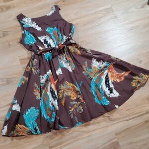 🔹️Wallis Brown Feather Print Belted Sleeveless Dress Size 12